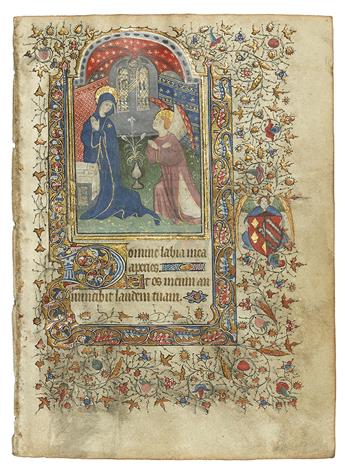 (ILLUMINATED MANUSCRIPT.) Follower of the Pseudo-Jacquemart. Vellum leaf with arch-topped miniature depicting the Annunciation,
